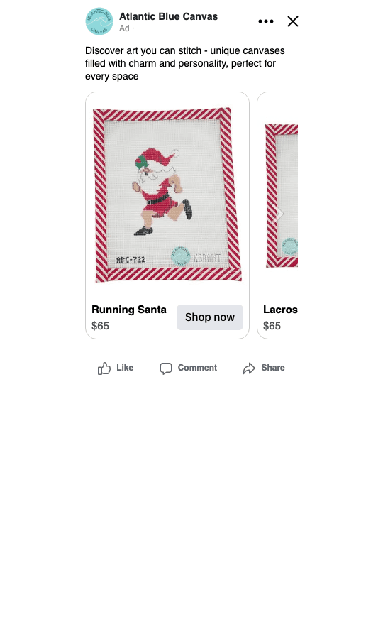 Live Meta ad — needlepoint carousel