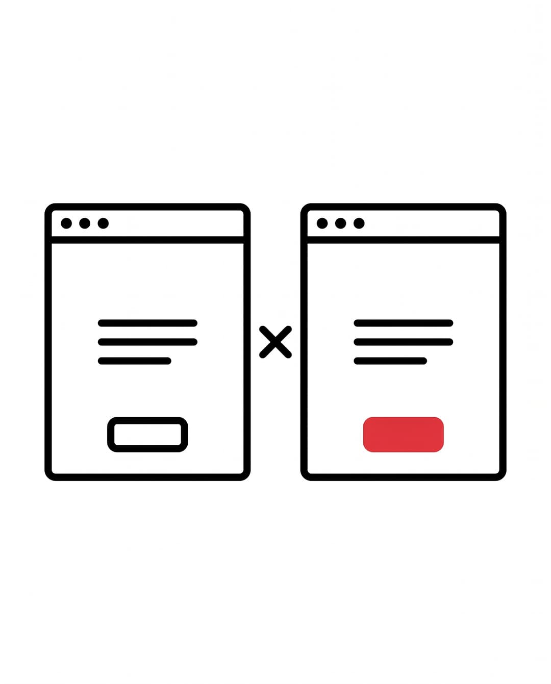 Two browser window variants with the right variant featuring a red submit button, A/B testing.