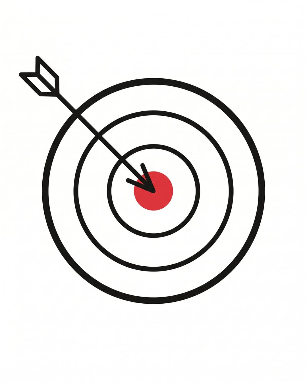 Concentric ring target with a red bullseye center and an arrow striking dead center.