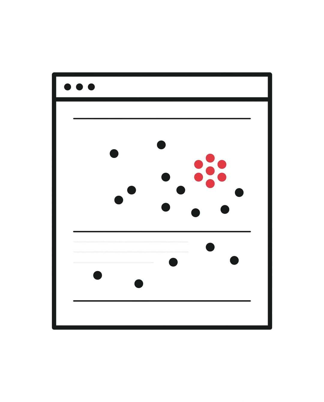 Browser page with scattered ink click dots and one concentrated red hotspot cluster.