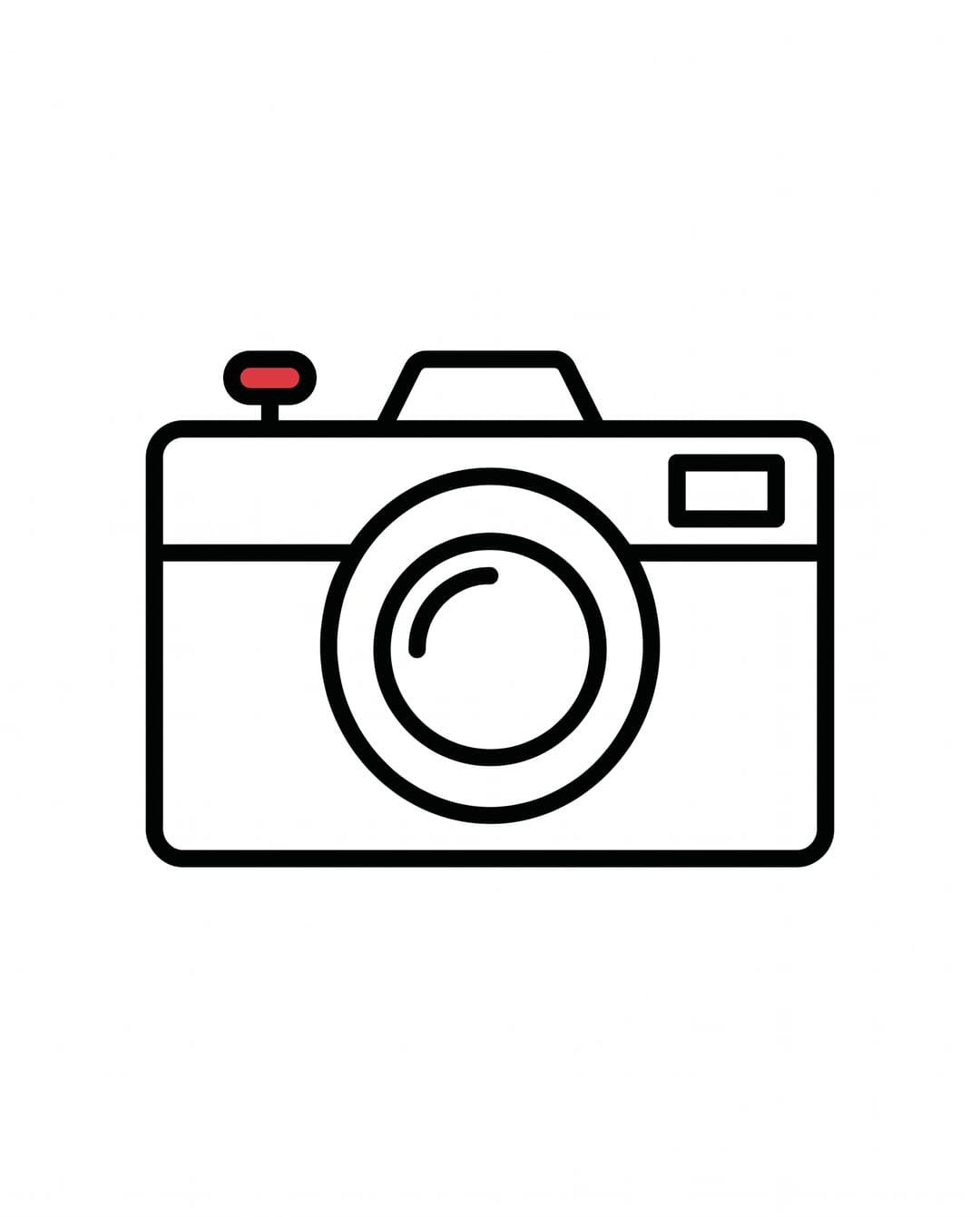 Classic camera body with a circular lens and a small solid red shutter button on top.