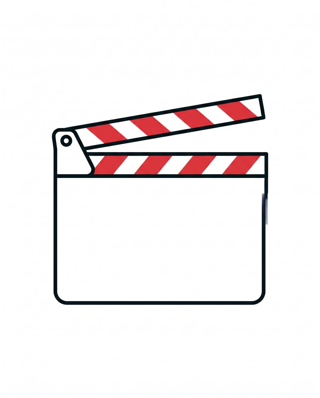 Film clapperboard with the hinged top bar filled with diagonal red and white stripes.