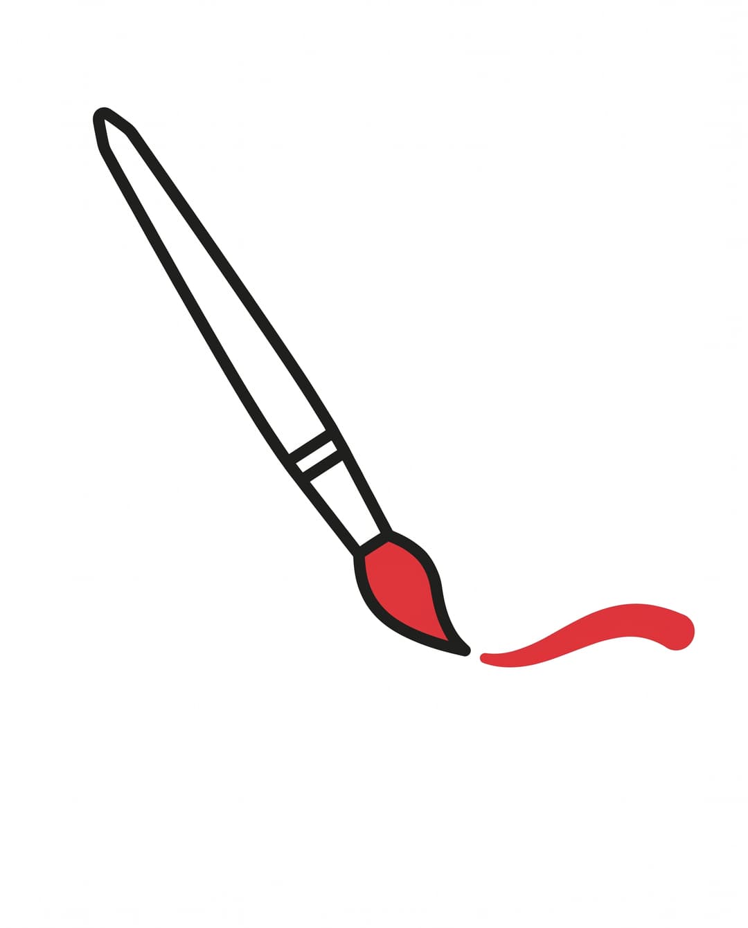 Diagonal paint brush with solid red bristles and a red paint stroke trailing from the tip.