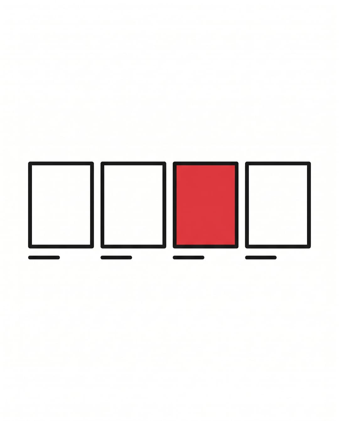 Row of four storyboard panels with the third panel filled solid red as the key shot.