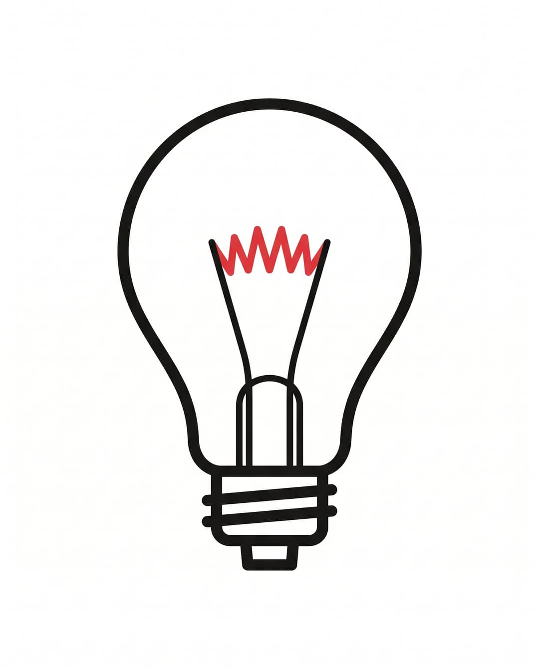 Incandescent lightbulb in ink outline with a glowing solid red zigzag filament inside.