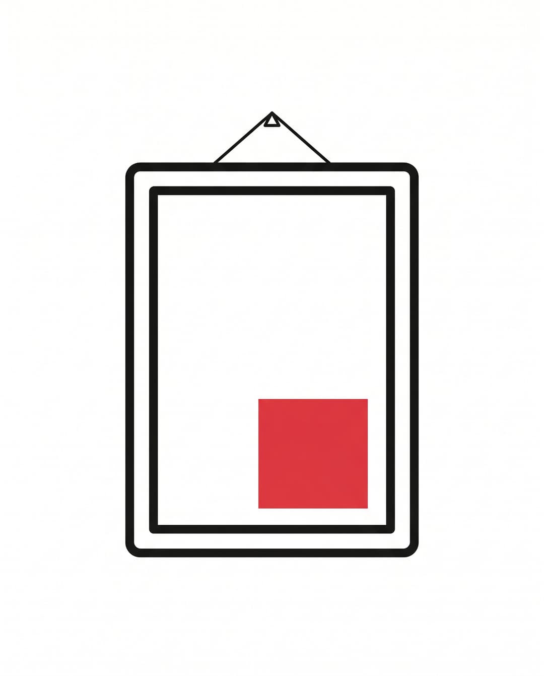 Empty hanging picture frame with a small solid red color swatch placed inside the canvas.