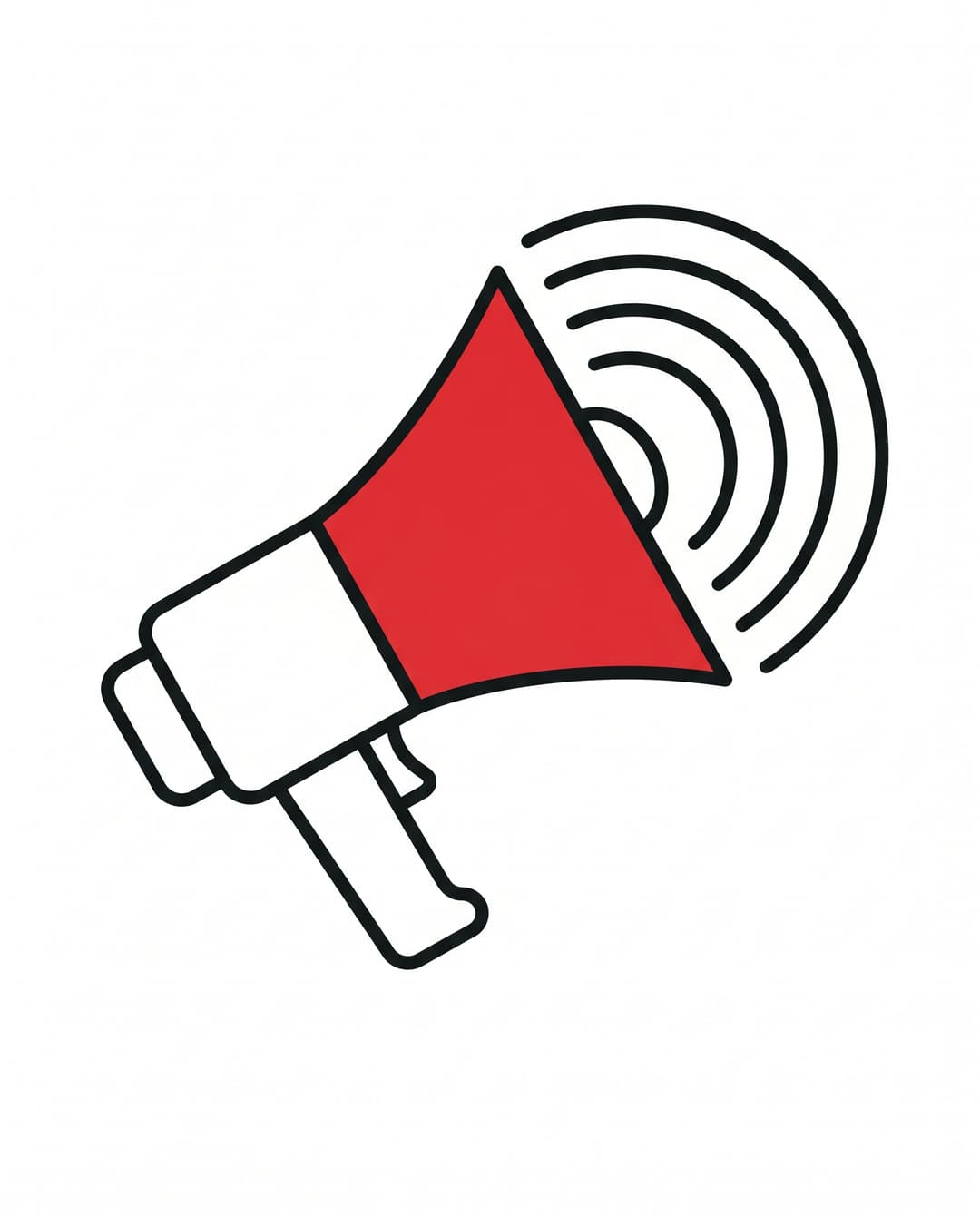 Megaphone with a red cone and ink sound waves — paid media.