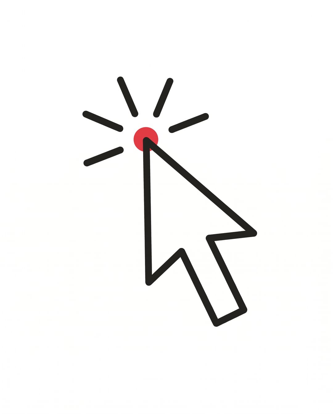 Mouse cursor with a small red click point and ink sparkle rays — CRO.