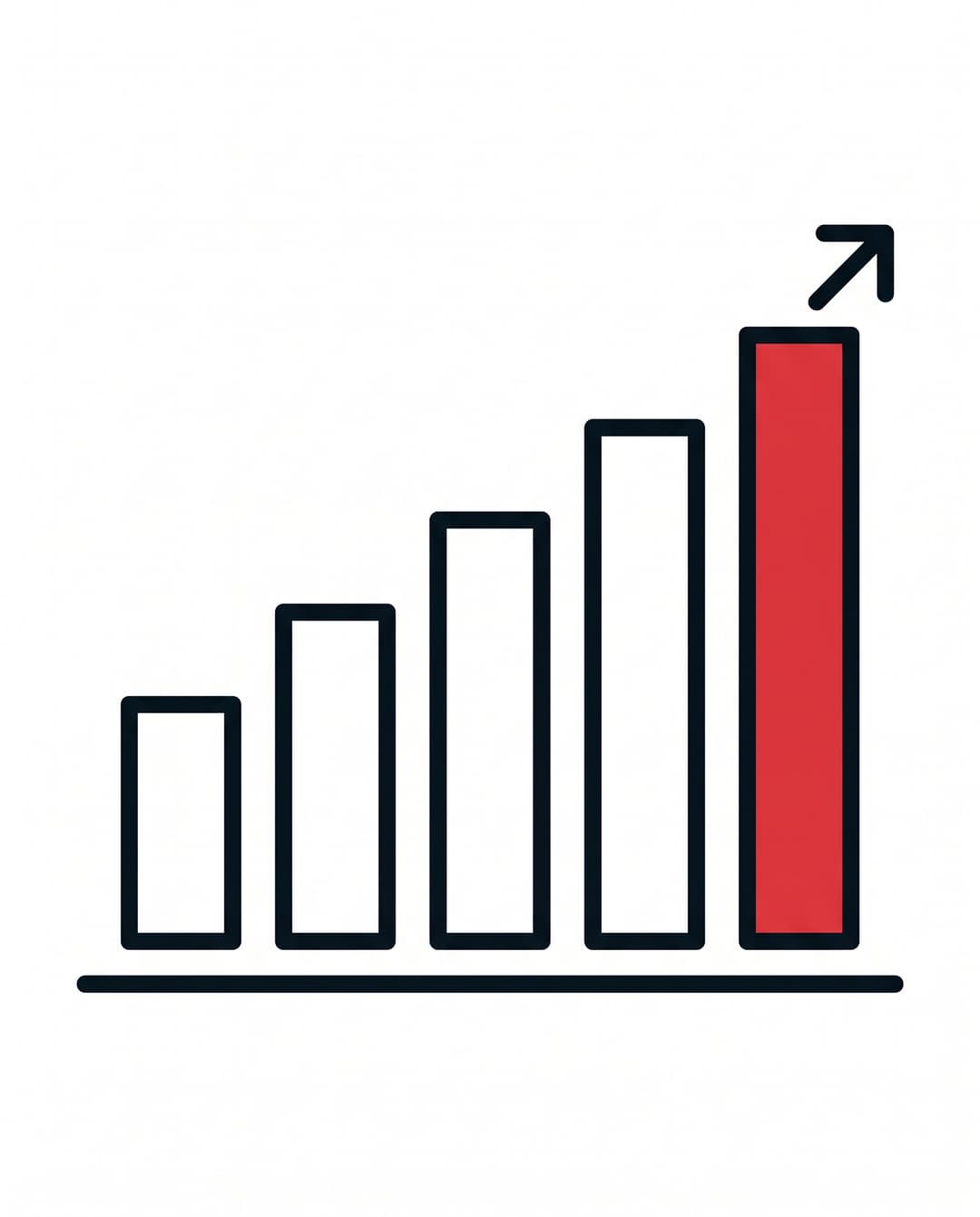 Five ascending bars with the tallest filled red and an ink arrow above — growth.