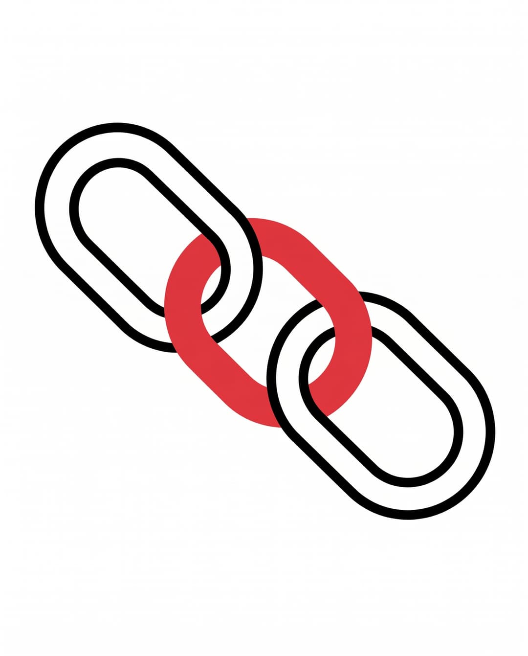 Three interlocked chain links with the center link in solid red, representing a high authority backlink.