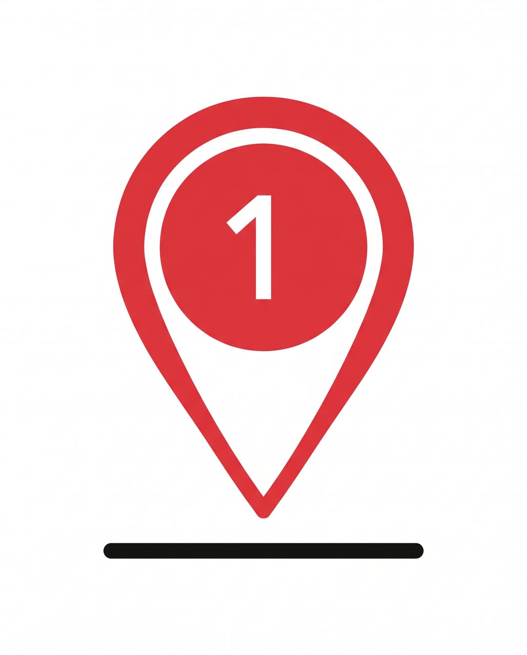 Solid red map pin with the numeral one inside, planted on a black horizontal baseline marking position one.