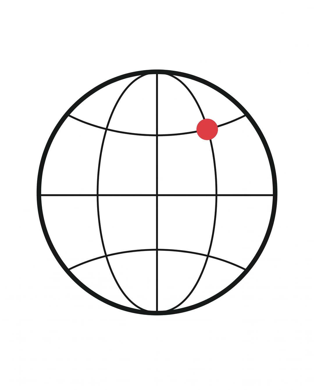 Wireframe globe in ink outline with a single solid red dot marking a geographic location.