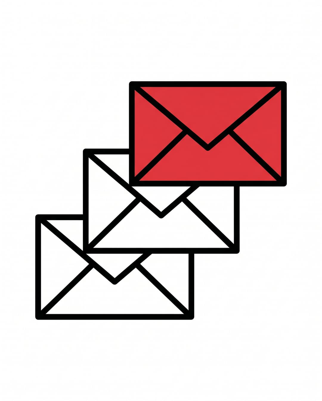 Three envelopes stacked diagonally with the top envelope filled solid red, an inbox of email messages.