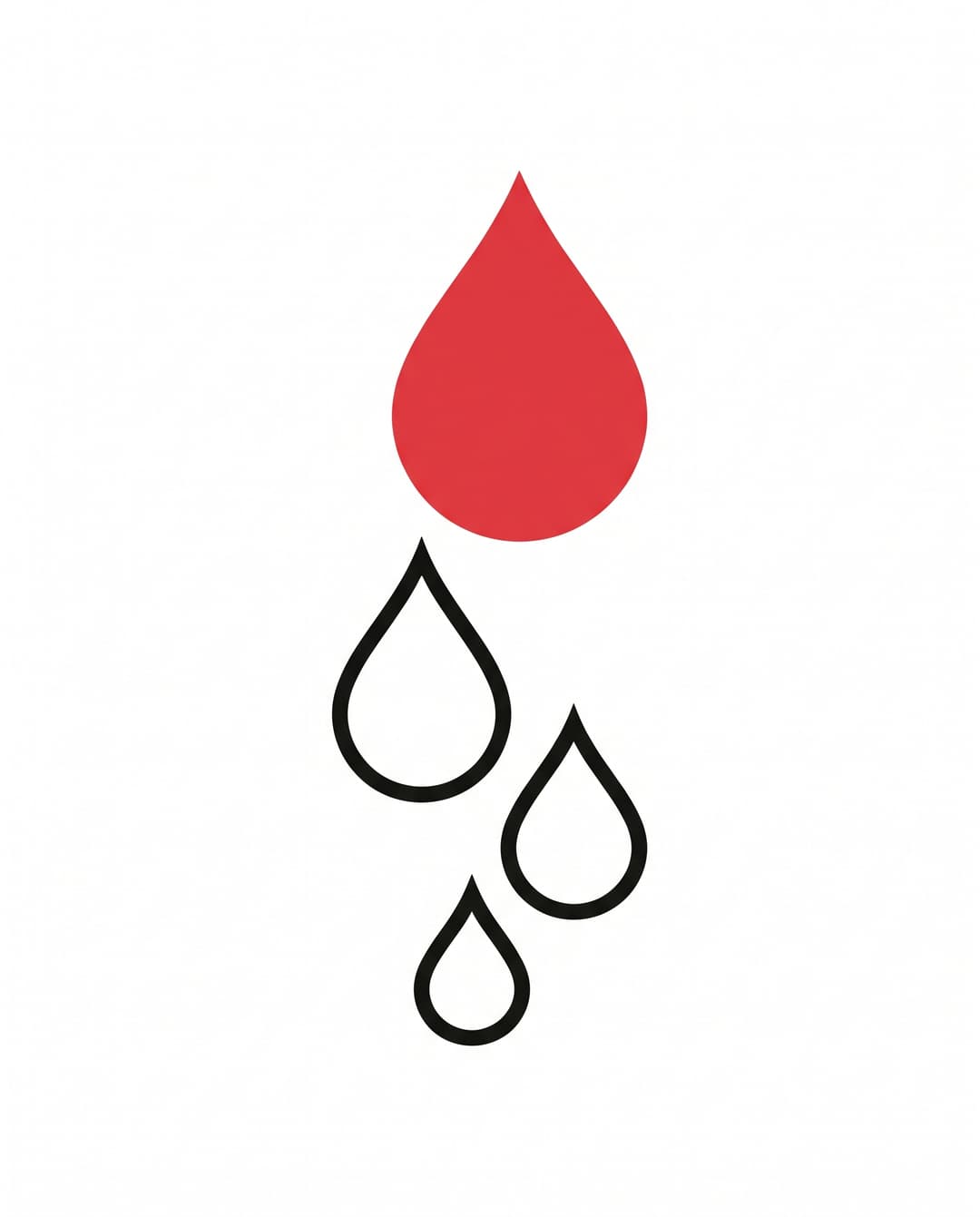 Large red water droplet leading three smaller ink droplets falling in sequence, a drip campaign metaphor.