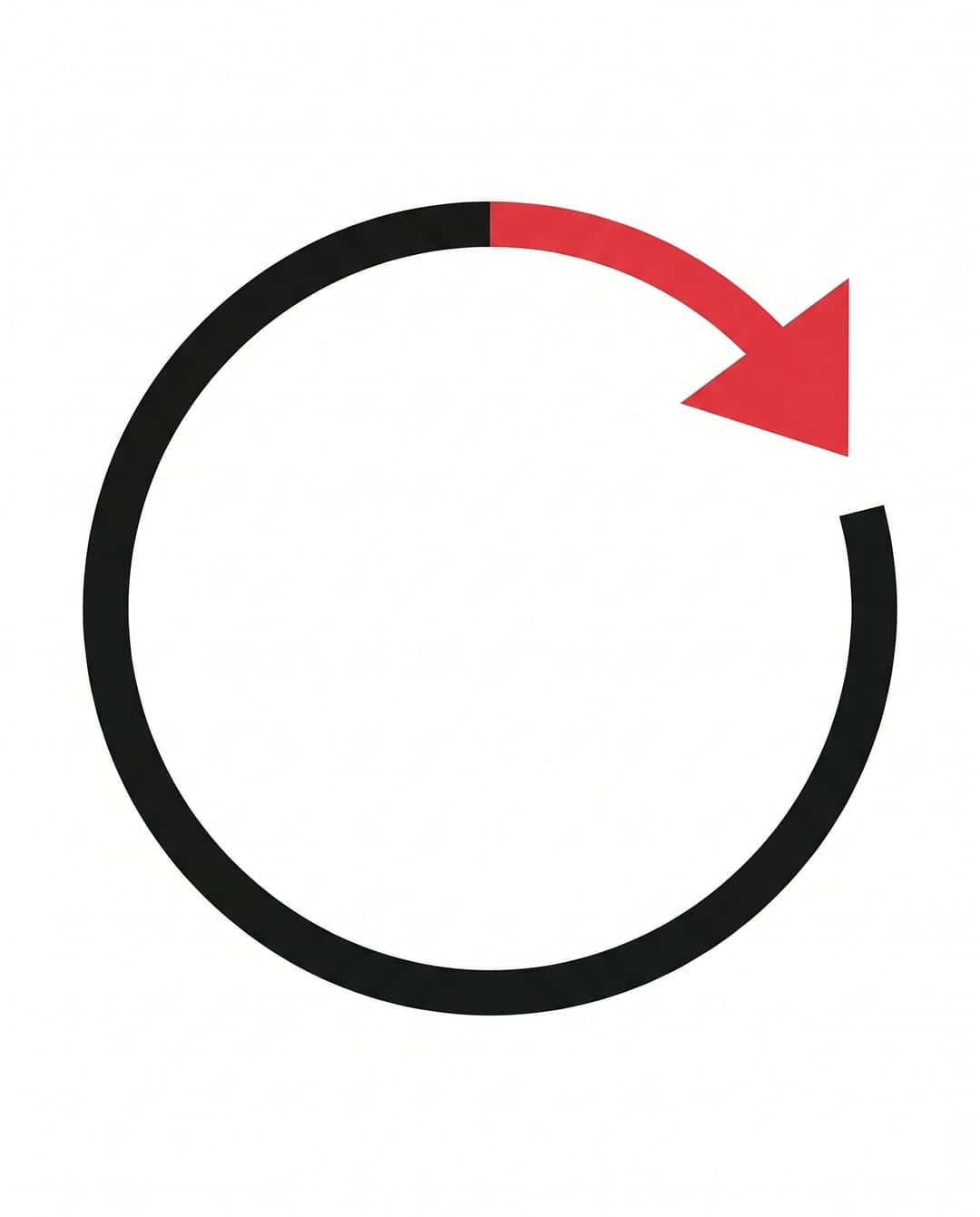 Circular arrow loop in ink with the closing arc and arrowhead in red, a repeat-purchase retention cycle.