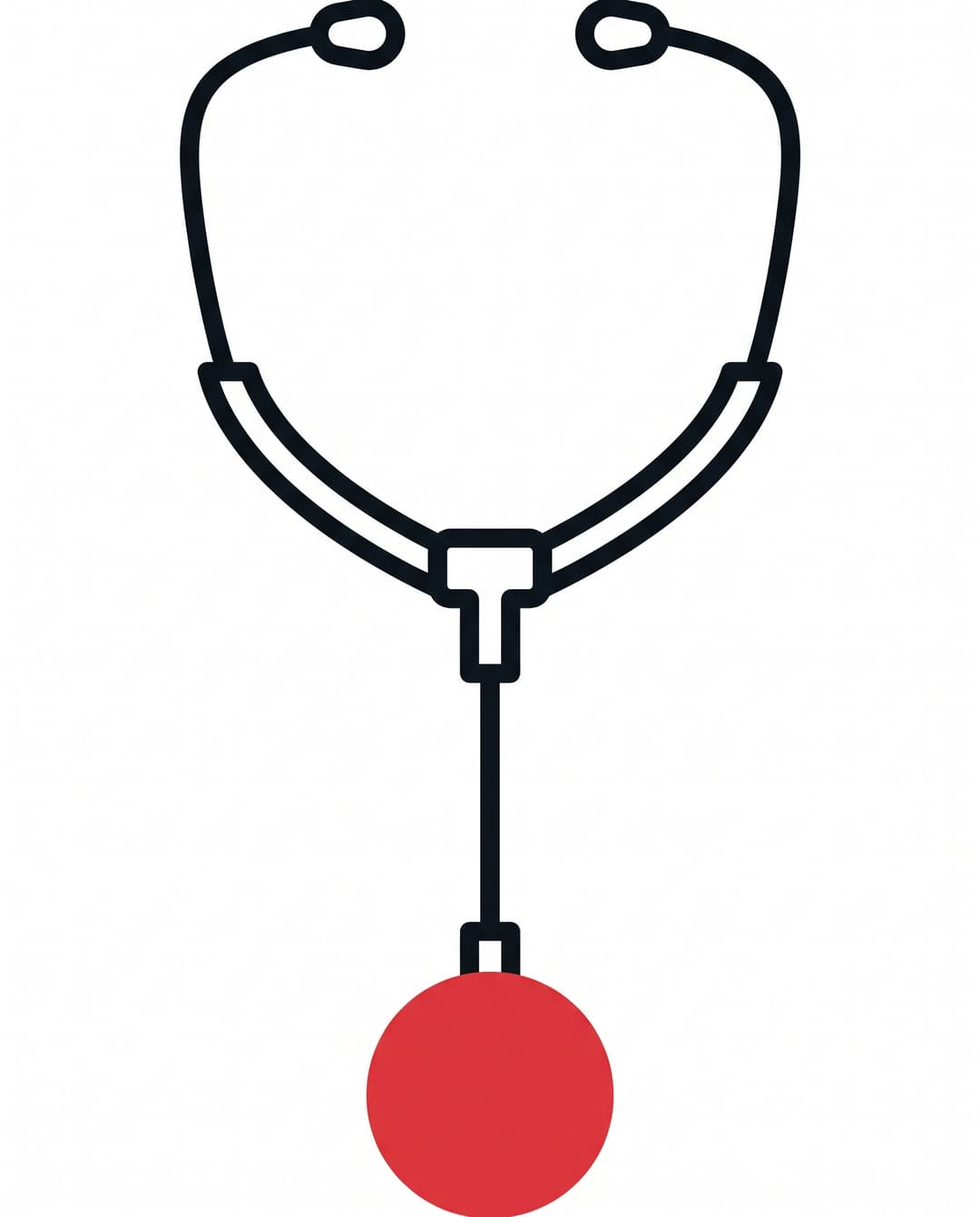 Stethoscope curving down with the chest piece in solid red, listening for what is wrong.