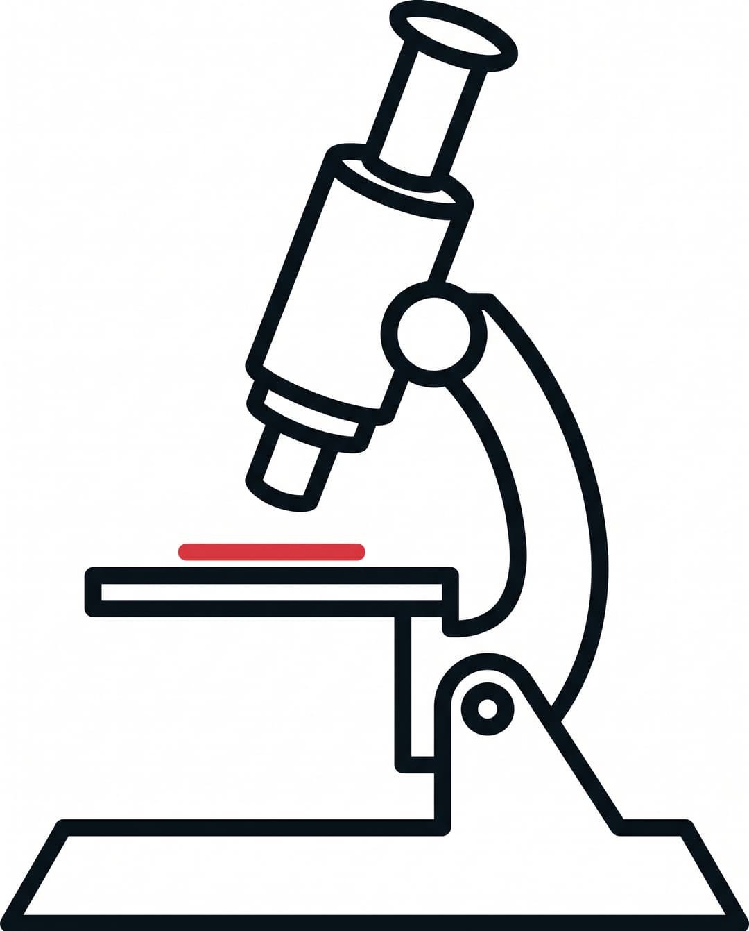 Lab microscope in ink outline with a solid red specimen slide on the stage.