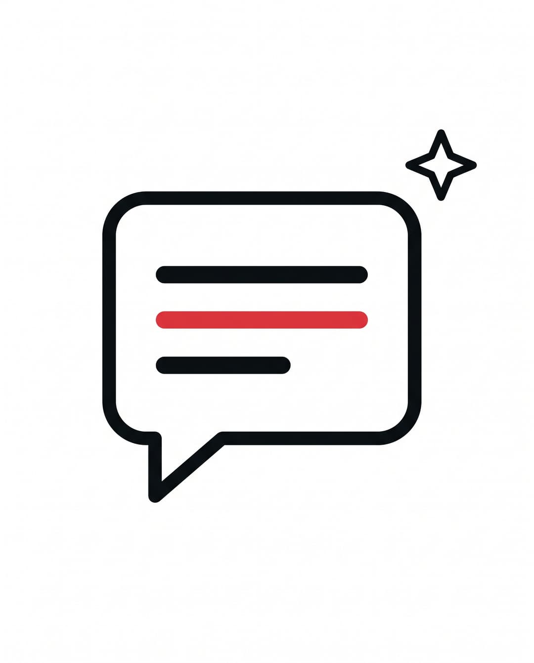 Stylized AI chat bubble in ink outline with three placeholder lines inside and the middle line filled solid red, with a small sparkle in the upper right.