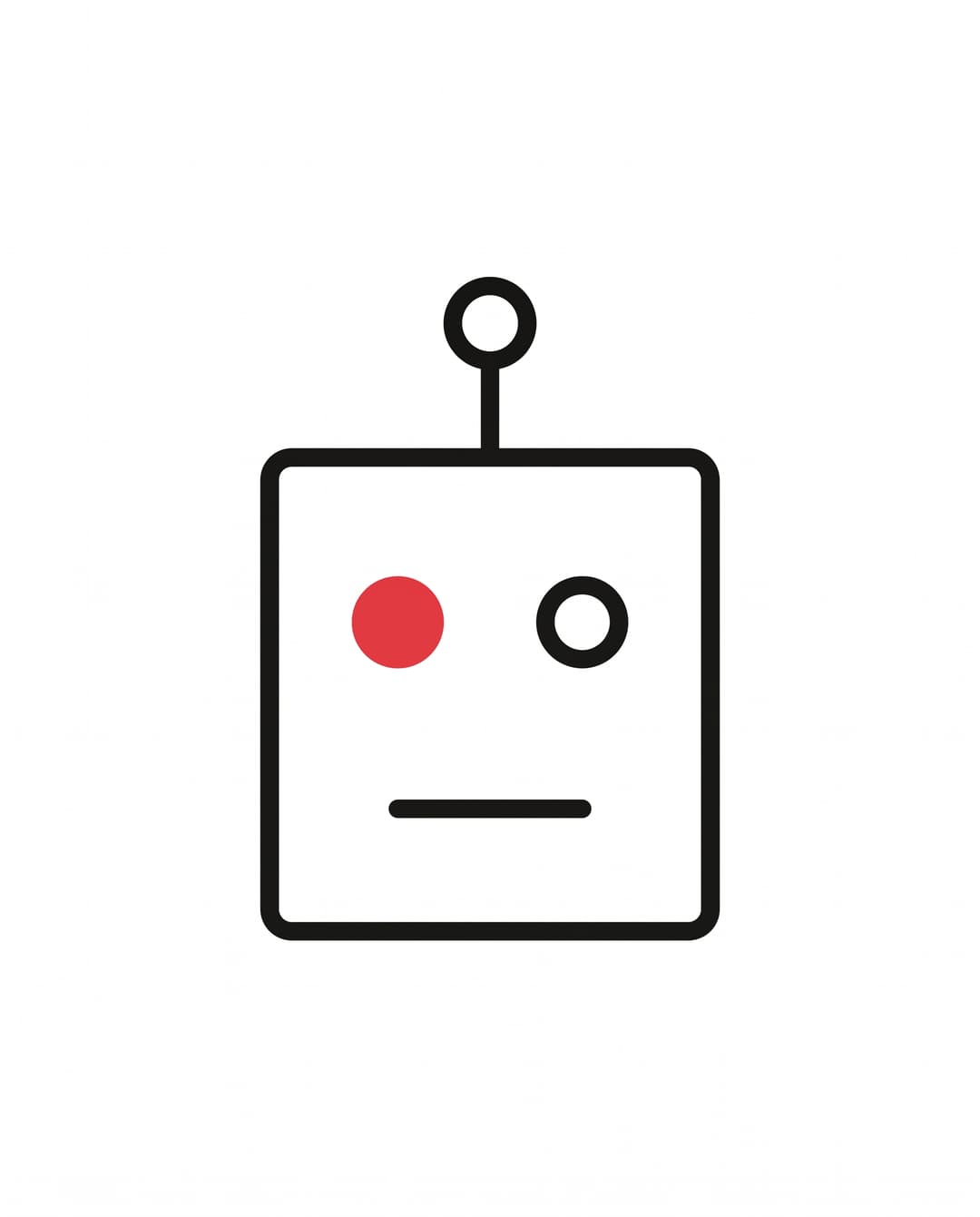 Minimal squared robot head in ink outline with a small antenna on top and one eye filled solid red.