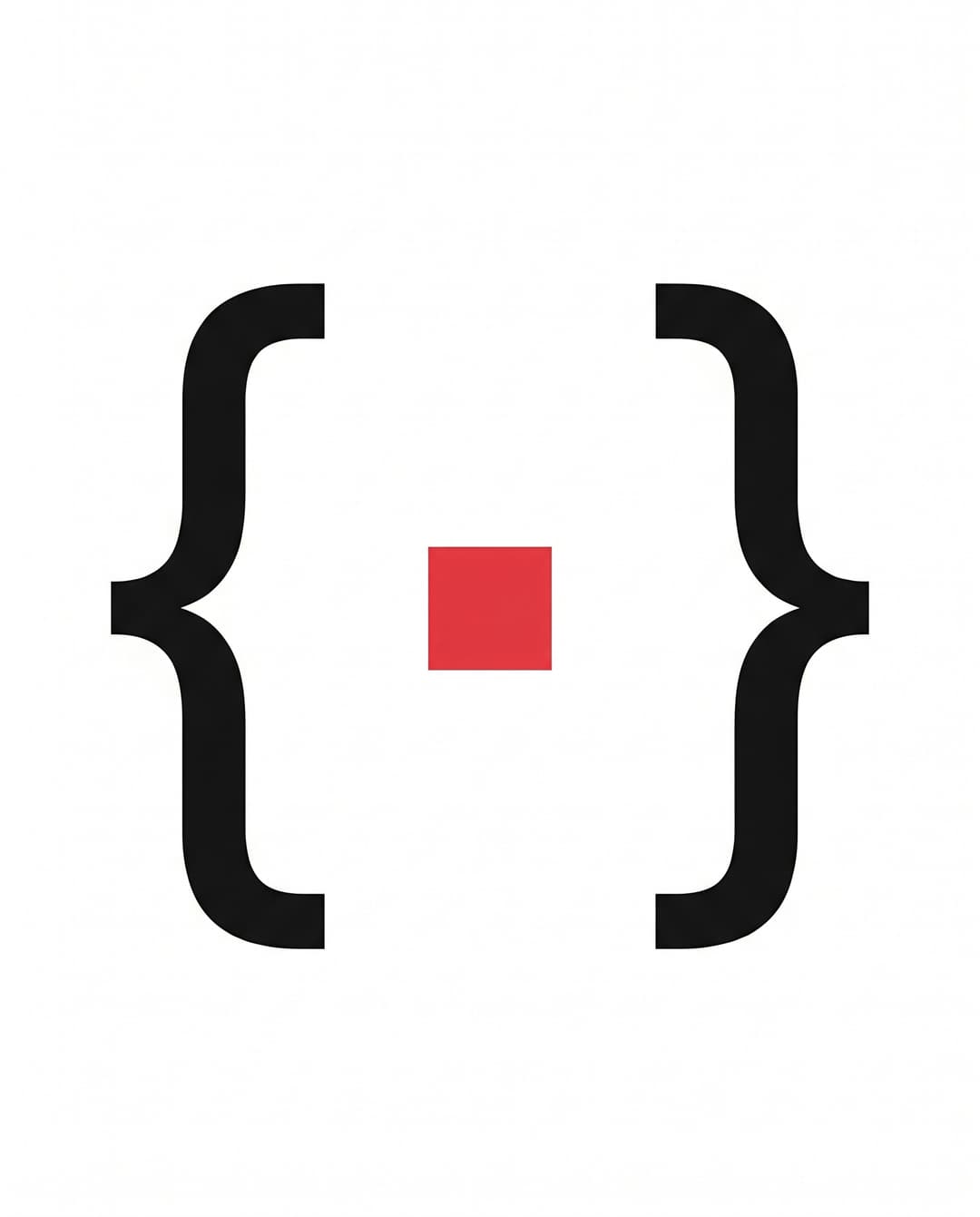 Large curly braces in ink outline floating left and right with a small solid red square centered between them, representing a JSON-LD schema property.