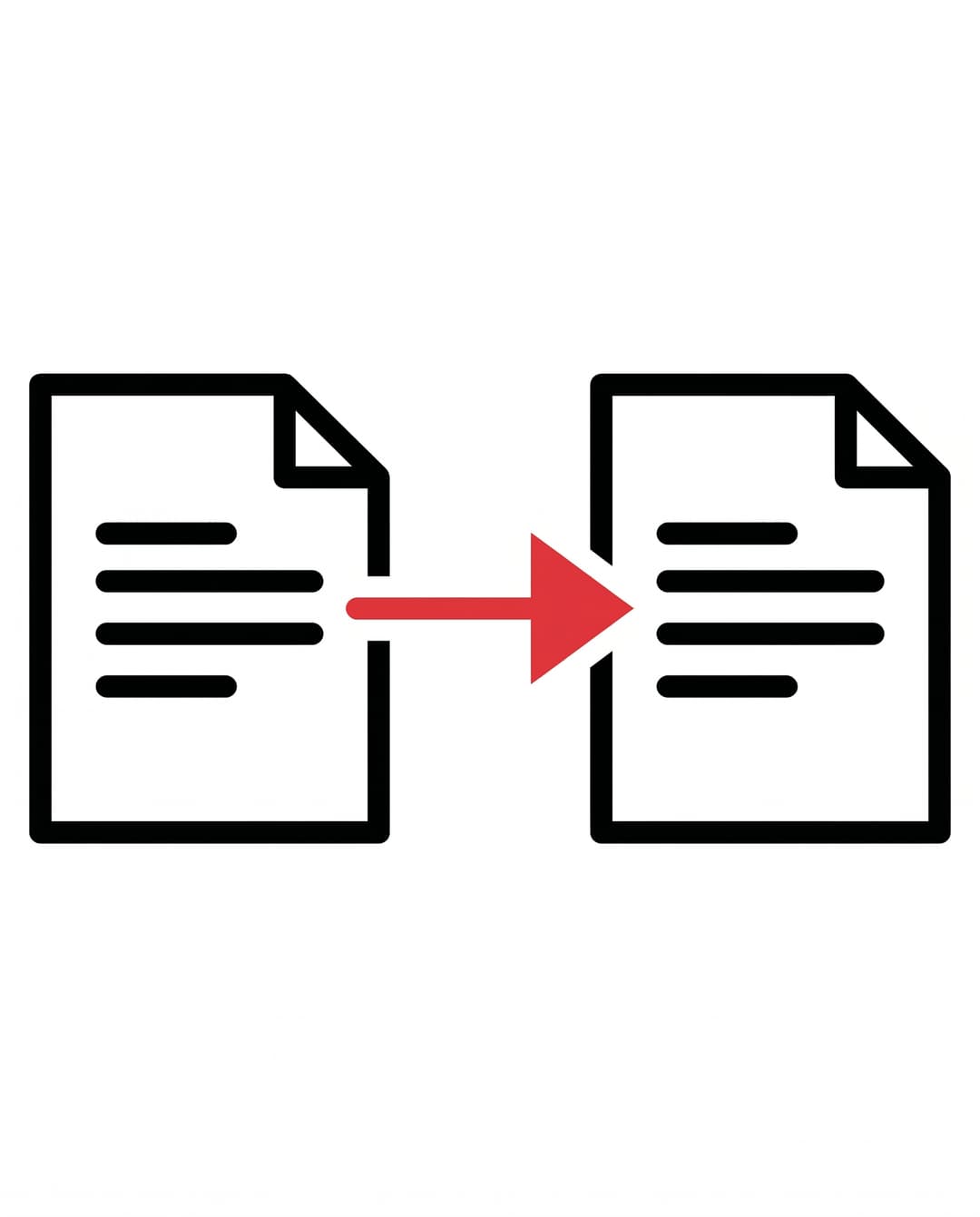 Two ink-outlined document pages connected by a solid red arrow pointing from the left source to the right destination.