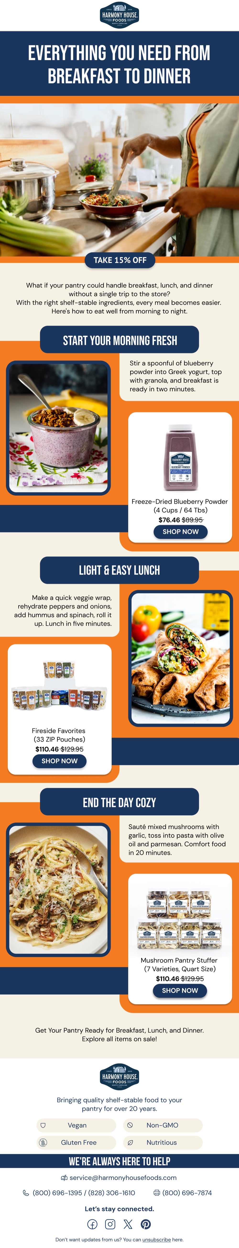 Harmony House Foods recipe and sale email with freeze-dried product blocks.
