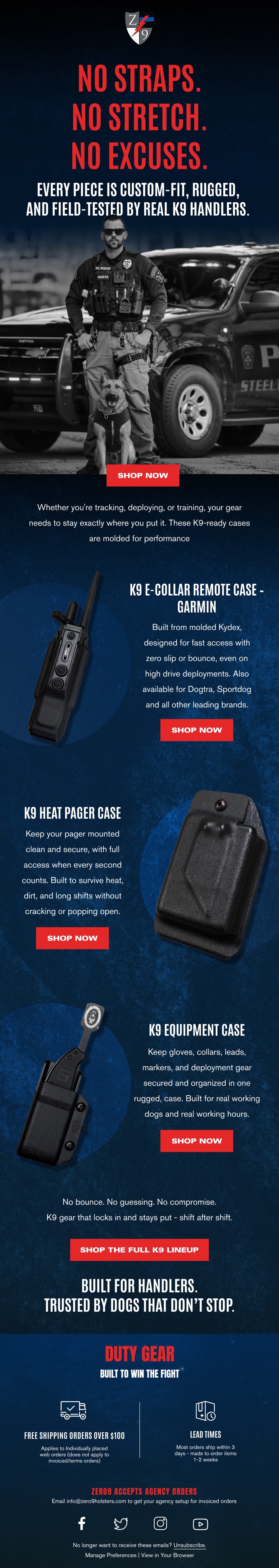 Working dog gear product launch email with rugged Kydex cases on a dark layout.