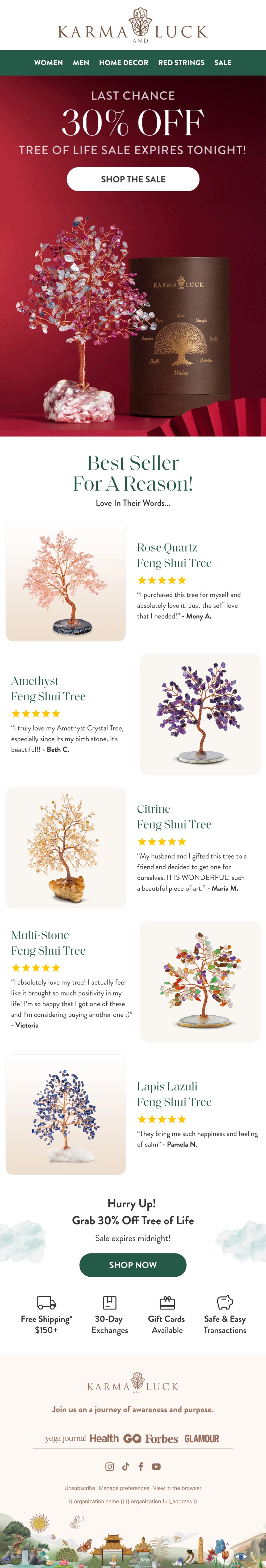 Karma and Luck Tree of Life crystal reminder email with five-star customer reviews.
