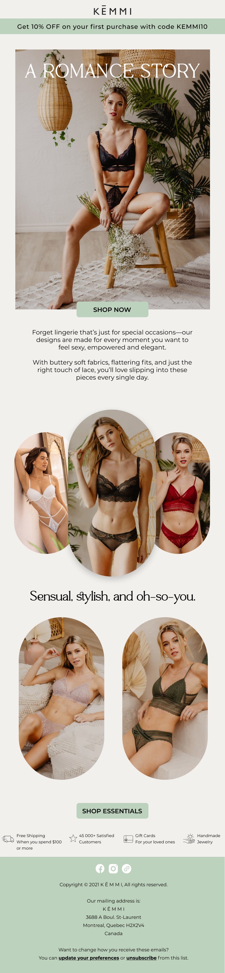 Kemmi welcome flow email with a soft editorial layout and welcome offer.