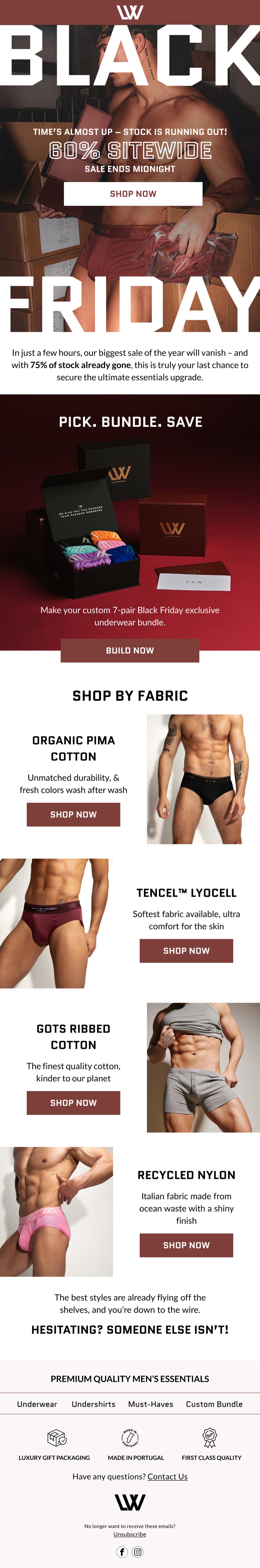 Black Friday sitewide sale email for a premium menswear brand, organized by fabric.