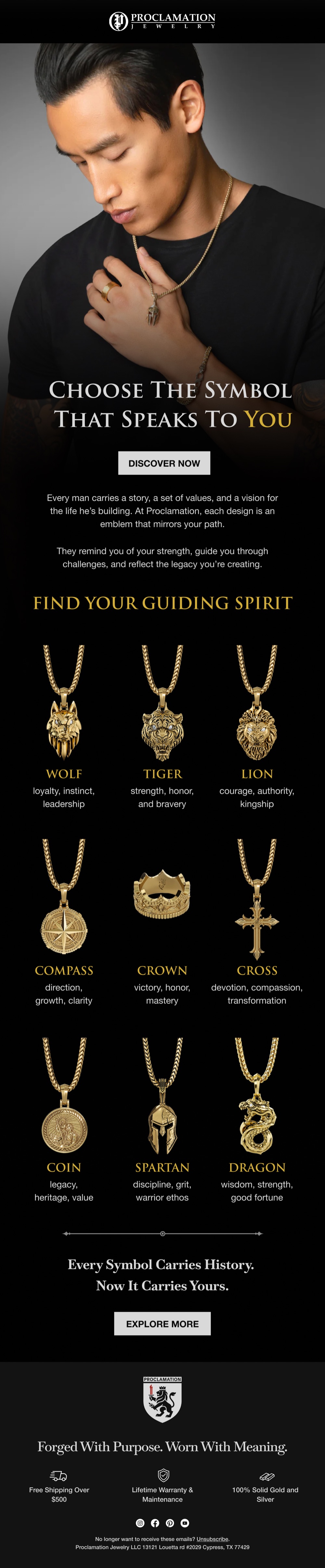 Proclamation Jewelry symbol pendant collection email on a black and gold layout.
