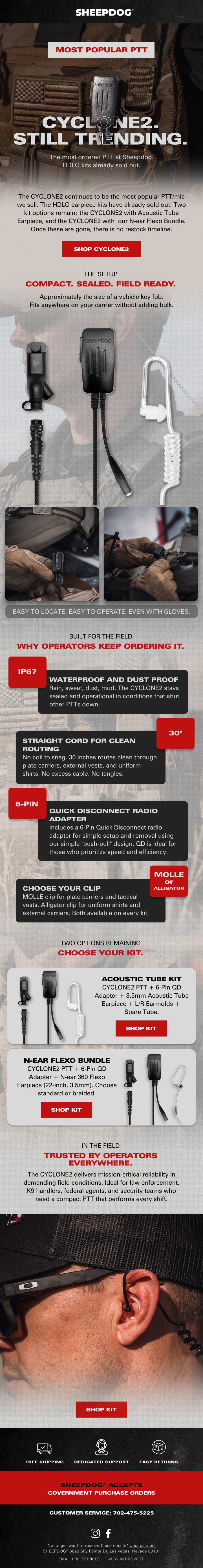 Sheepdog Cyclone2 product feature email on a dark tactical layout.