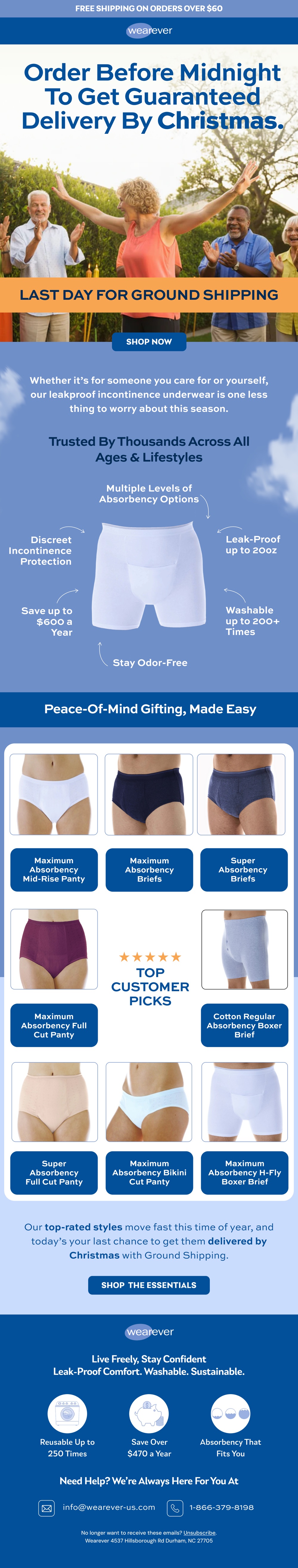 Wearever guaranteed Christmas delivery email with a washable product grid.