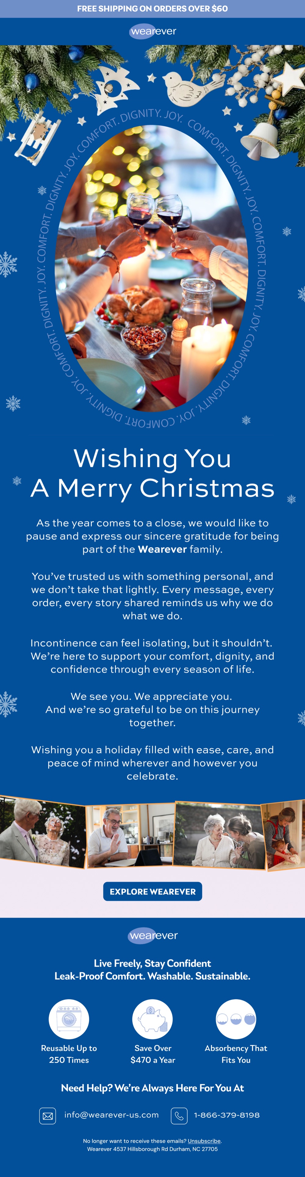 Wearever Merry Christmas brand greeting email with a holiday wreath.