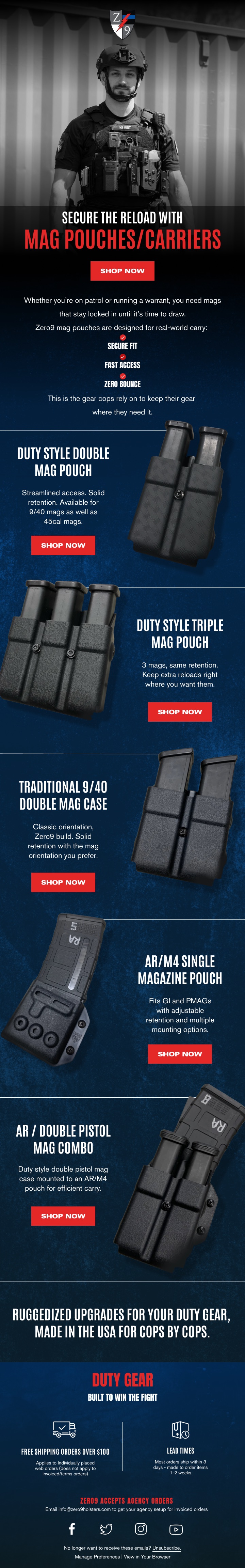 Zero9 magazine pouches product email on a dark tactical layout.